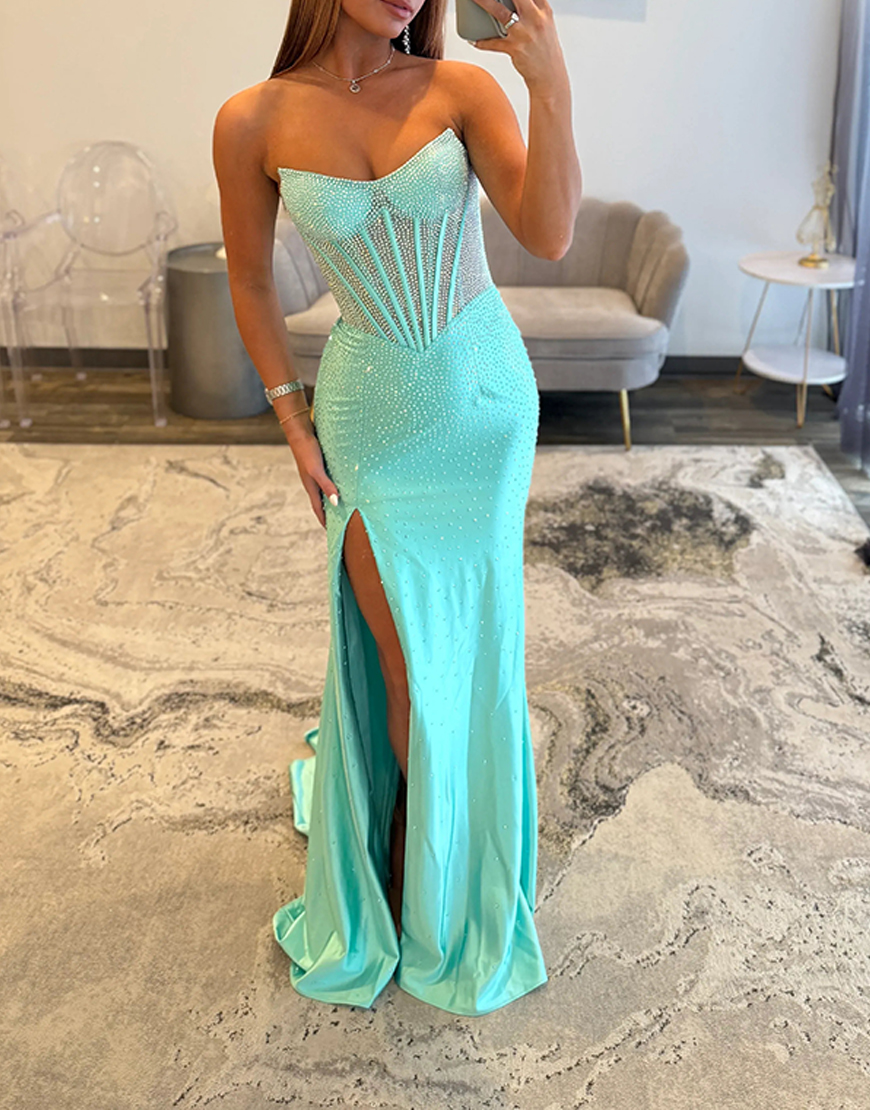 Sparkly Sheath Green Strapless Long Corset Prom Dress with Slit