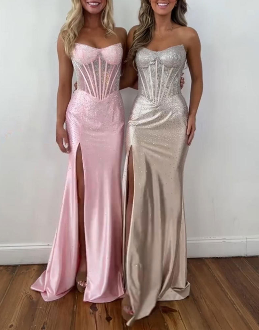 Sparkly Sheath Green Strapless Long Corset Prom Dress with Slit