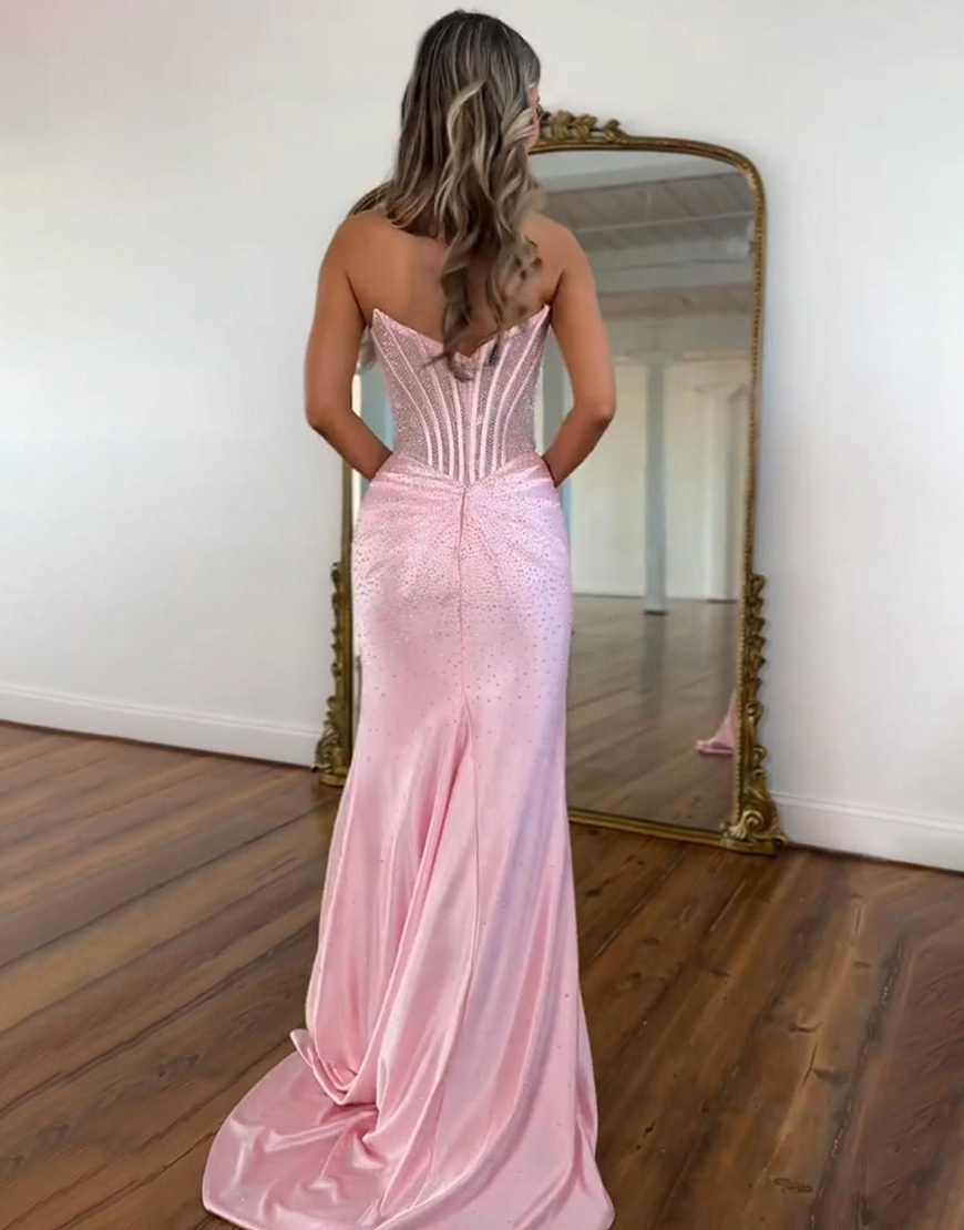 Sparkly Sheath Green Strapless Long Corset Prom Dress with Slit