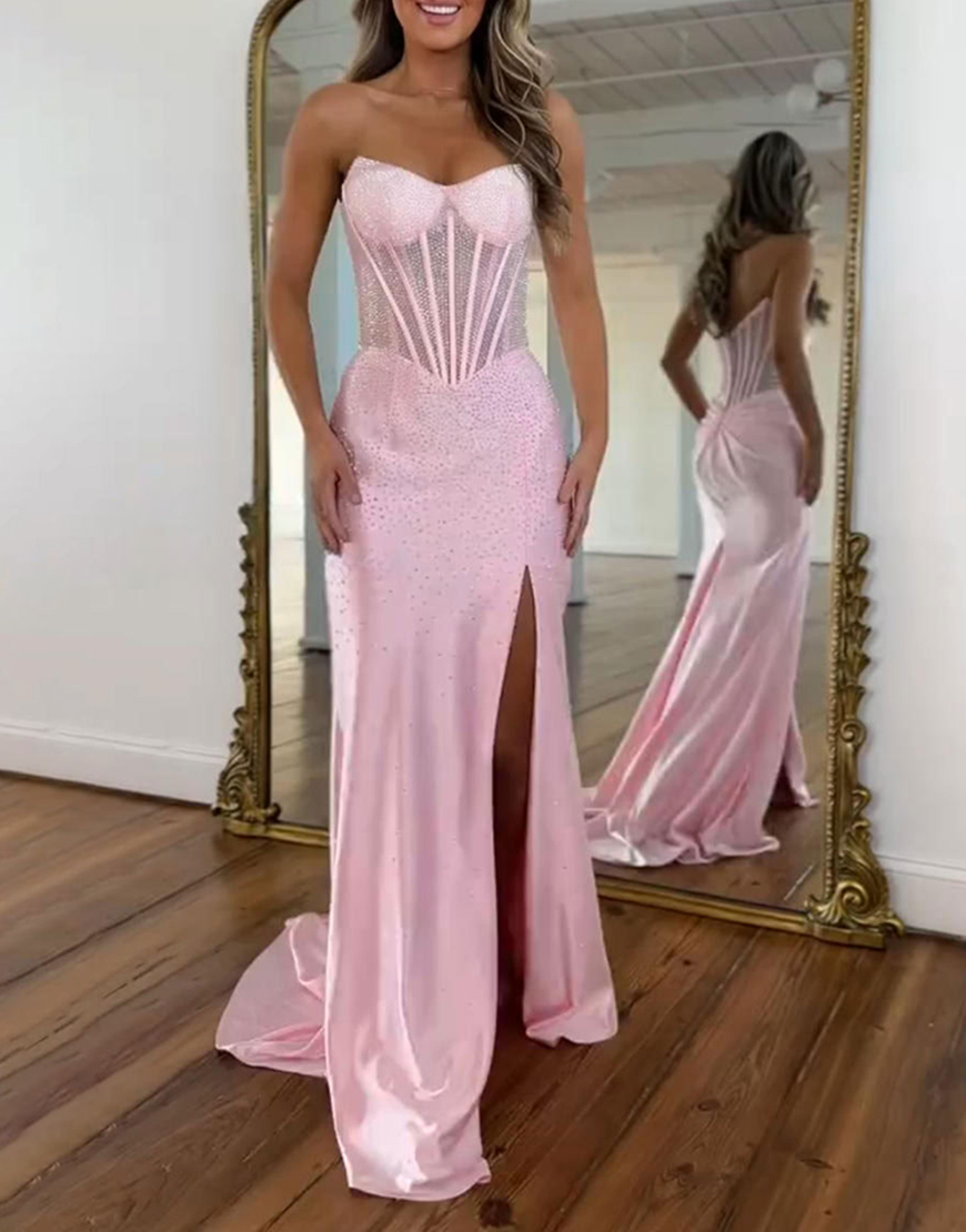 Sparkly Sheath Green Strapless Long Corset Prom Dress with Slit