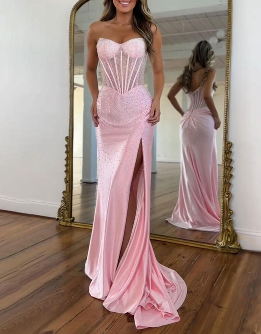 Sparkly Sheath Green Strapless Long Corset Prom Dress with Slit