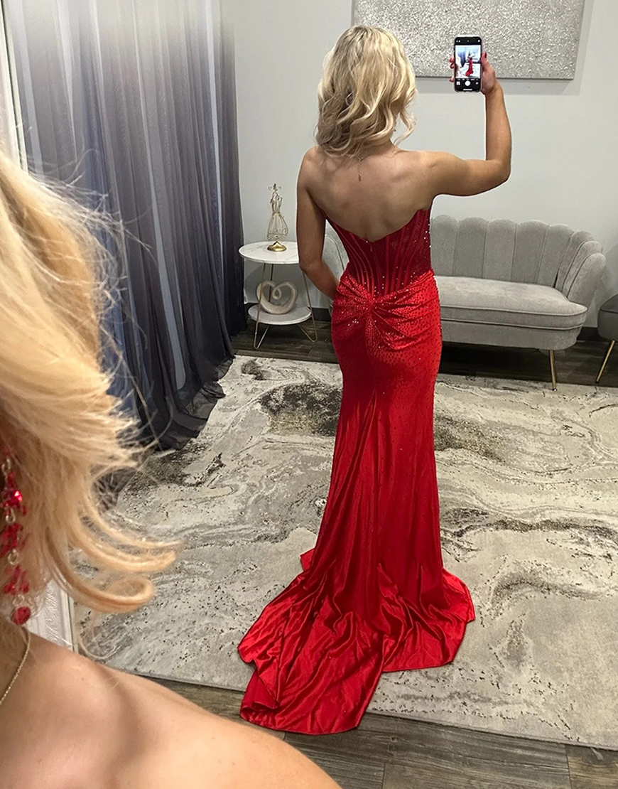 Sparkly Sheath Green Strapless Long Corset Prom Dress with Slit