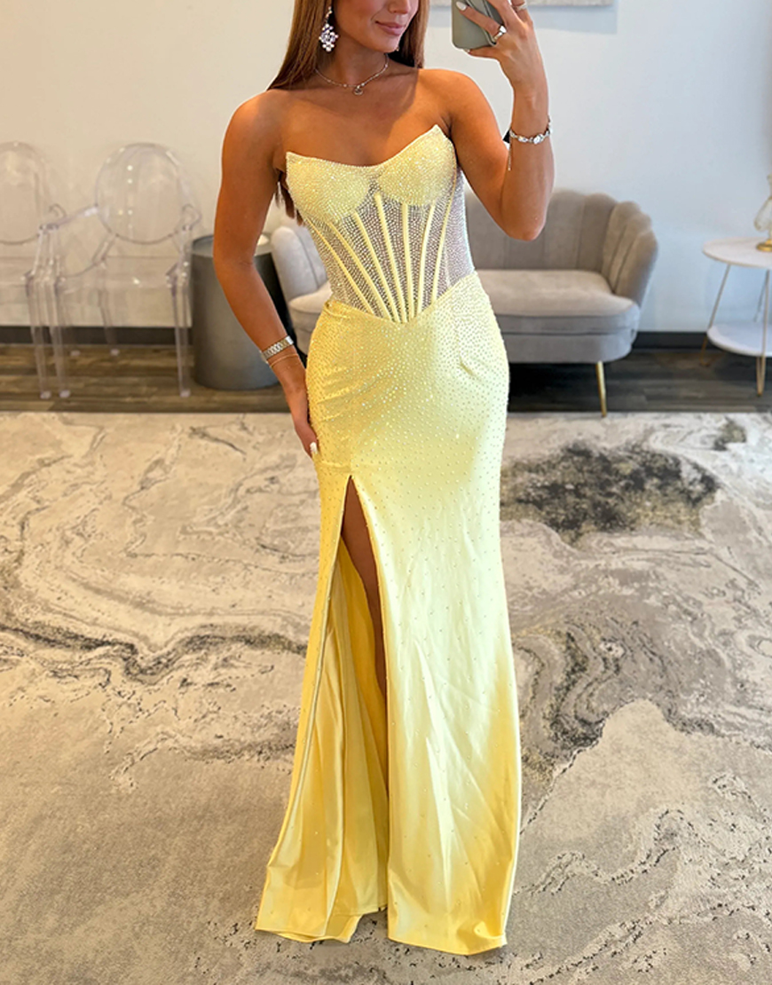 Sparkly Sheath Green Strapless Long Corset Prom Dress with Slit