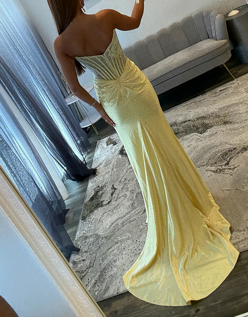 Sparkly Sheath Green Strapless Long Corset Prom Dress with Slit