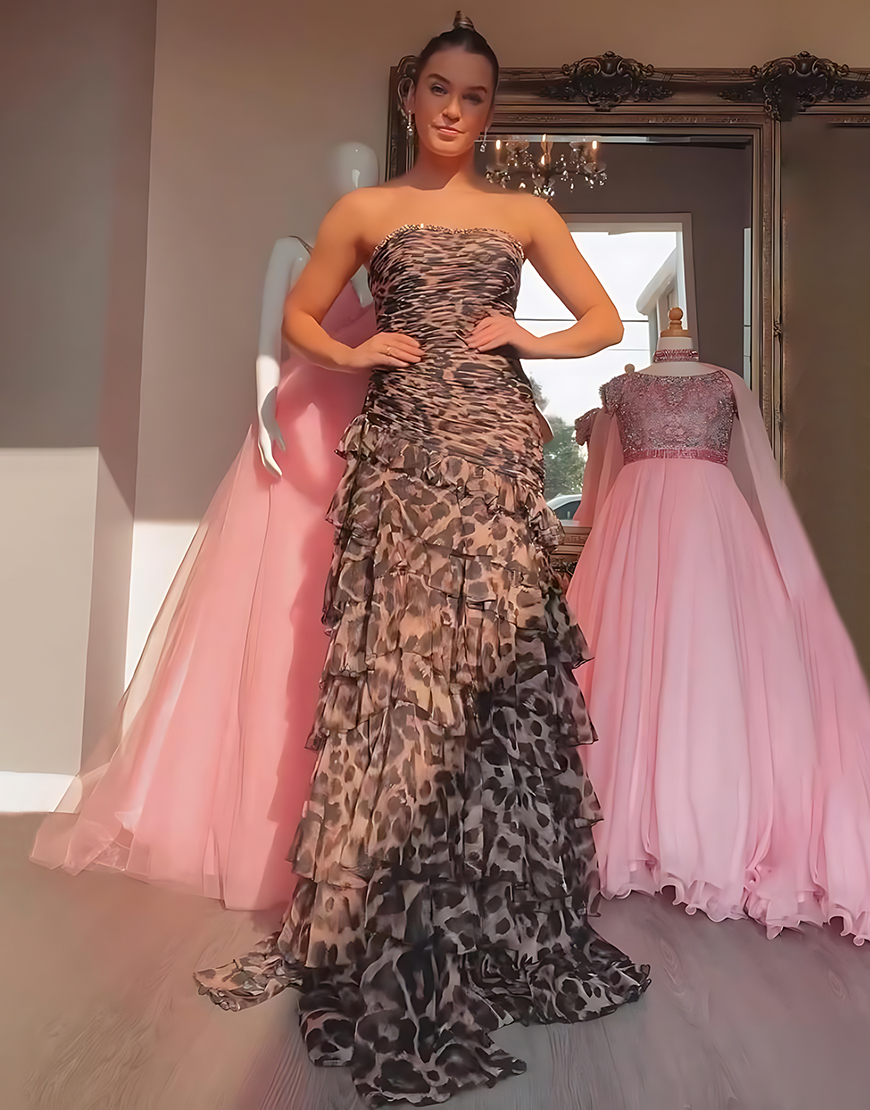 Sparkly Brown Leopard Beaded Strapless Long Tiered Prom Dress with Ruffles