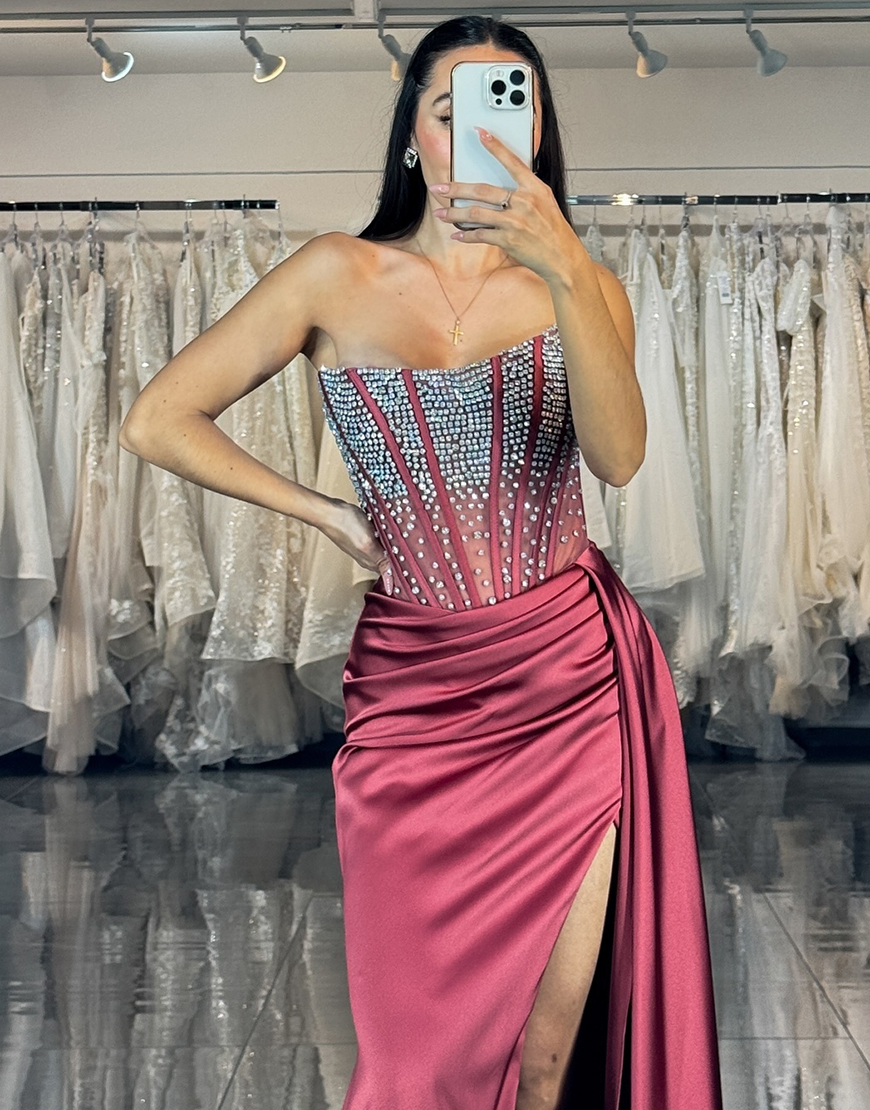 Sparkly Burgundy Mermaid Satin Strapless Beaded Long Prom Dress with Slit