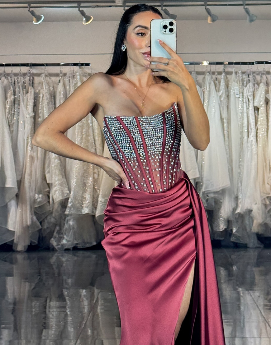 Sparkly Burgundy Mermaid Satin Strapless Beaded Long Prom Dress with Slit