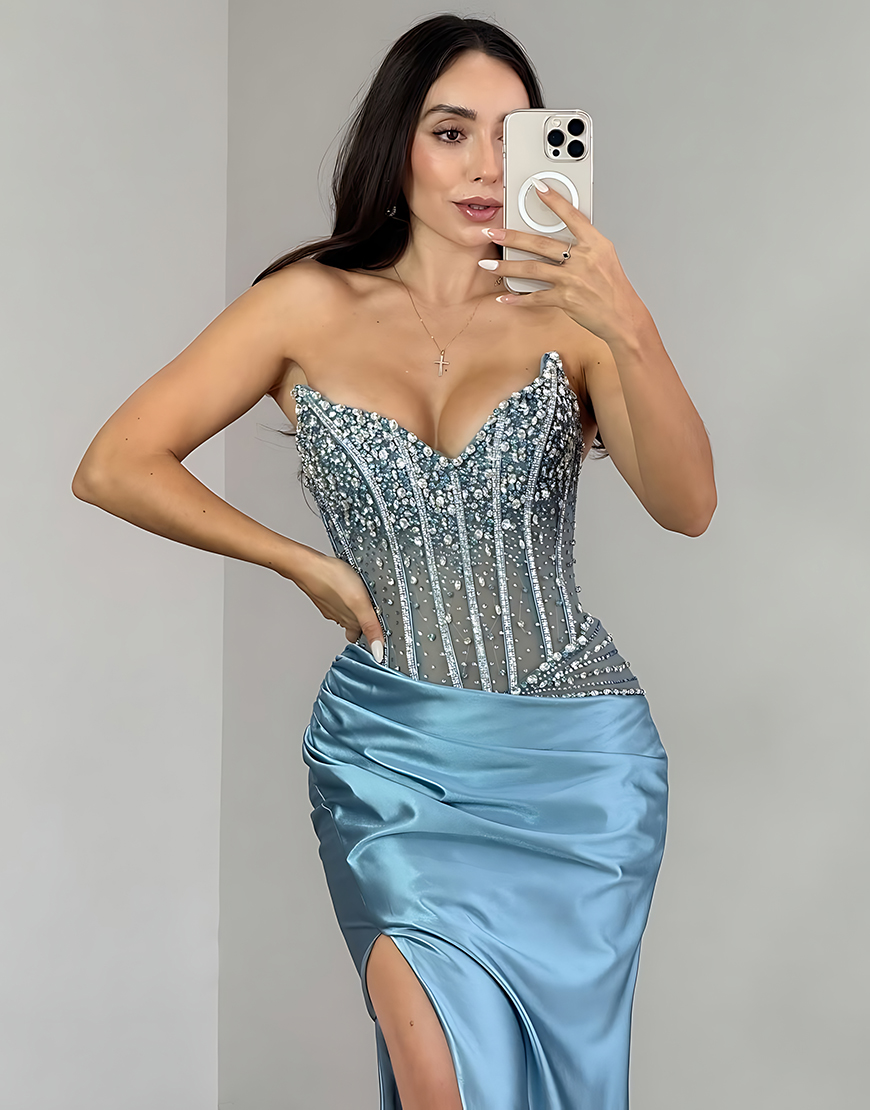 Sparkly Blue Mermaid Beaded Corset Satin Long Prom Dress with Rhinestones