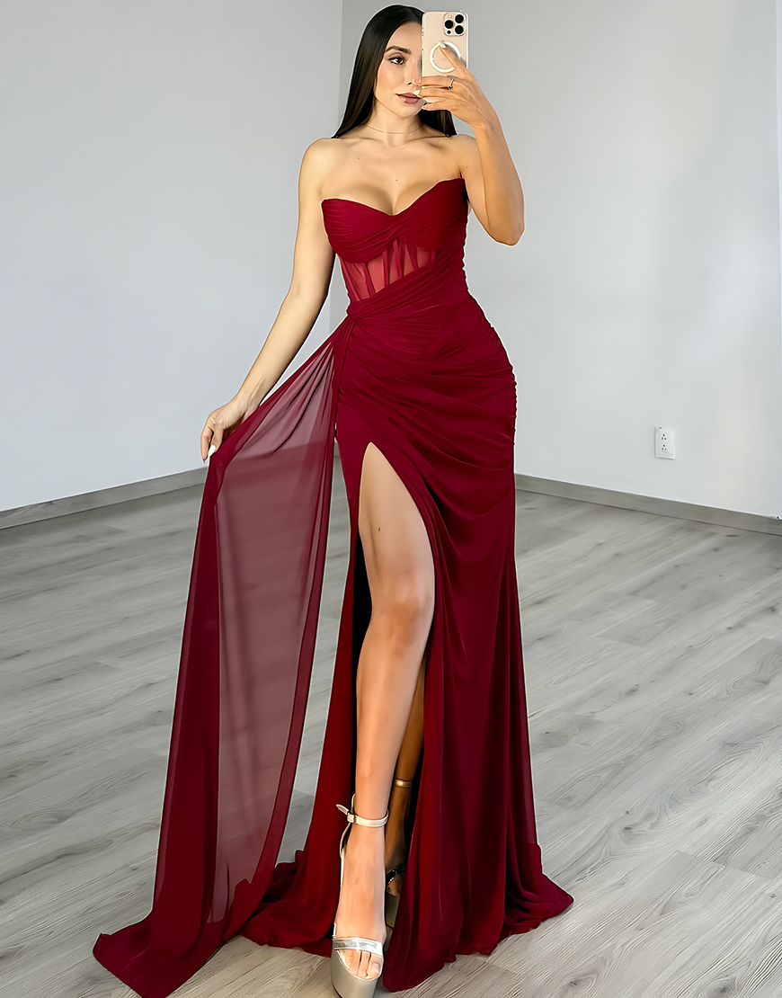 Burgundy Mermaid Sweetheart Long Corset Prom Dress with Side Cape