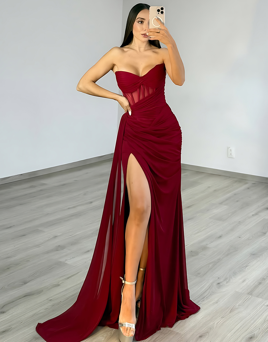 Burgundy Mermaid Sweetheart Long Corset Prom Dress with Side Cape