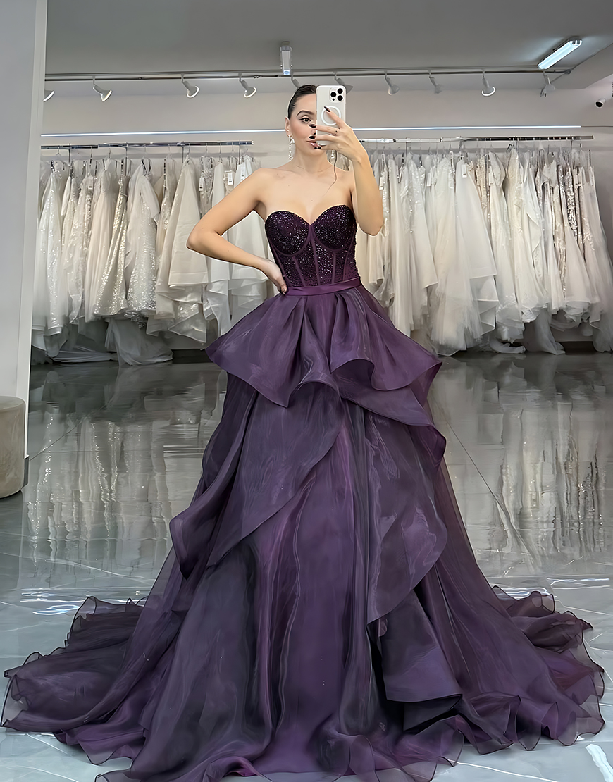 Sparkly Princess Dark Purple Beaded Long A Line Corset Prom Dress with Ruffles
