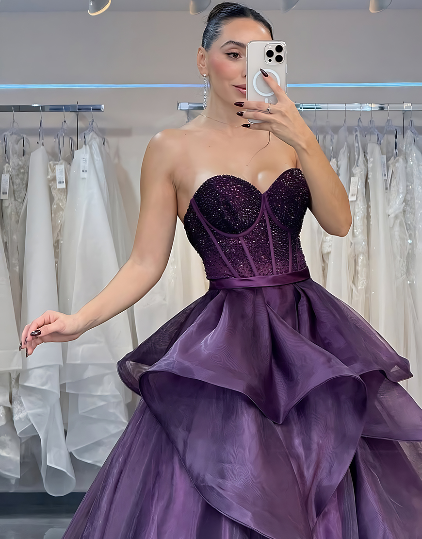 Sparkly Princess Dark Purple Beaded Long A Line Corset Prom Dress with Ruffles
