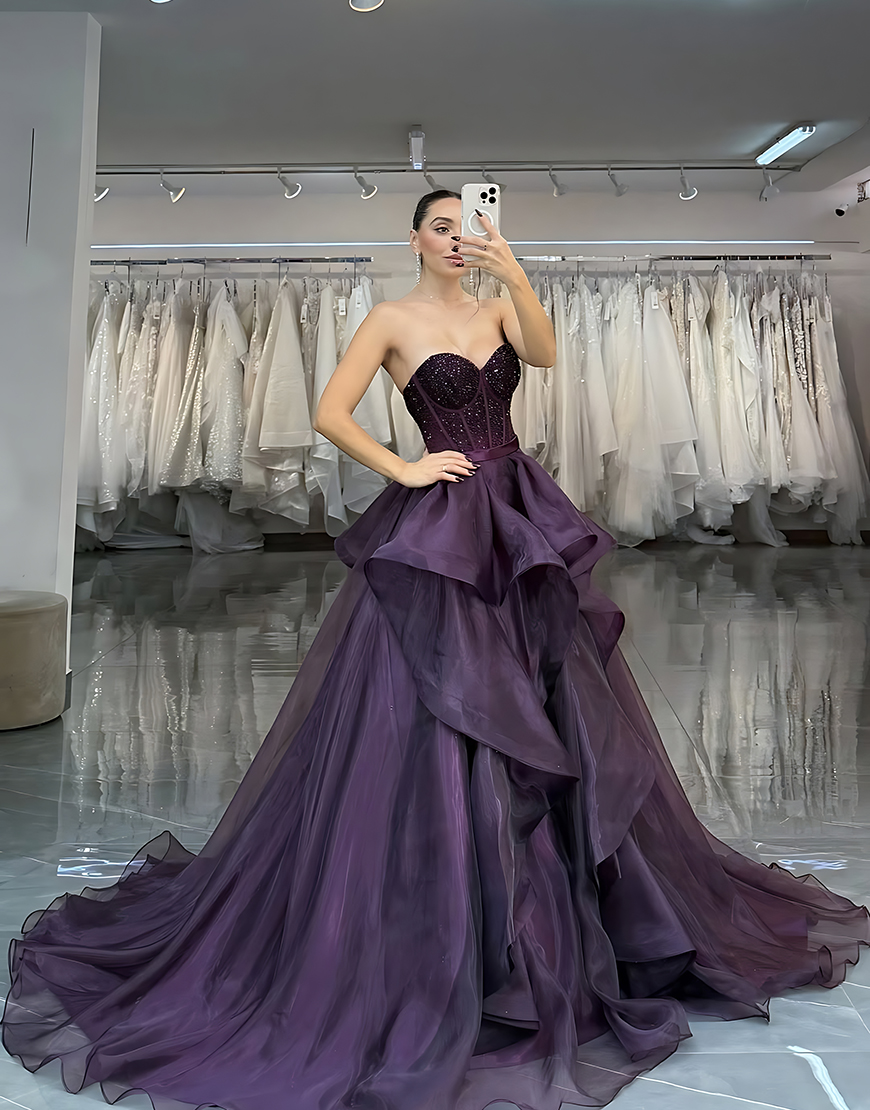 Sparkly Princess Dark Purple Beaded Long A Line Corset Prom Dress with Ruffles