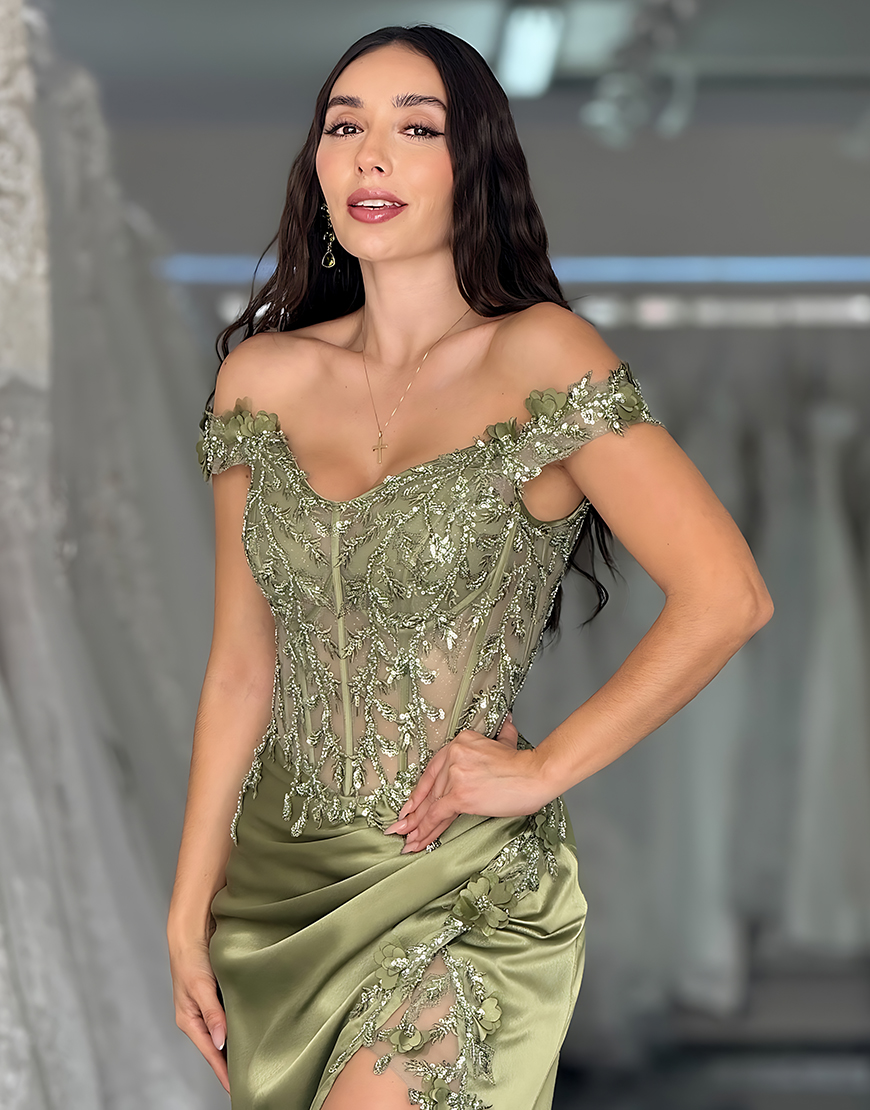 Green Off the Shoulder Corset Long Satin Prom Dress with Lace
