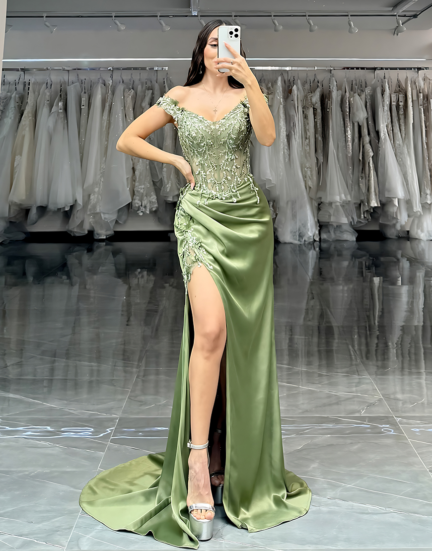 Green Off the Shoulder Corset Long Satin Prom Dress with Lace