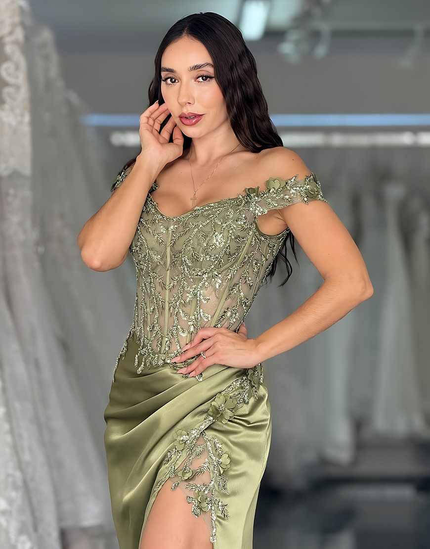 Green Off the Shoulder Corset Long Satin Prom Dress with Lace