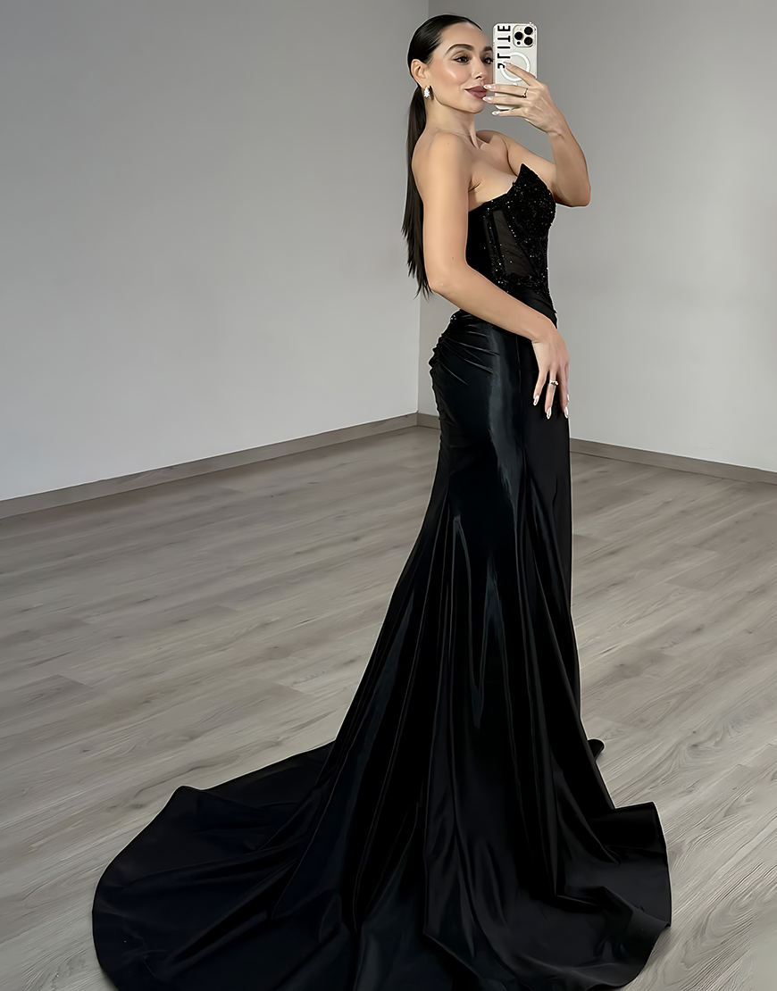 Sparkly Black Mermaid Satin Long Beaded Corset Prom Dress with Lace