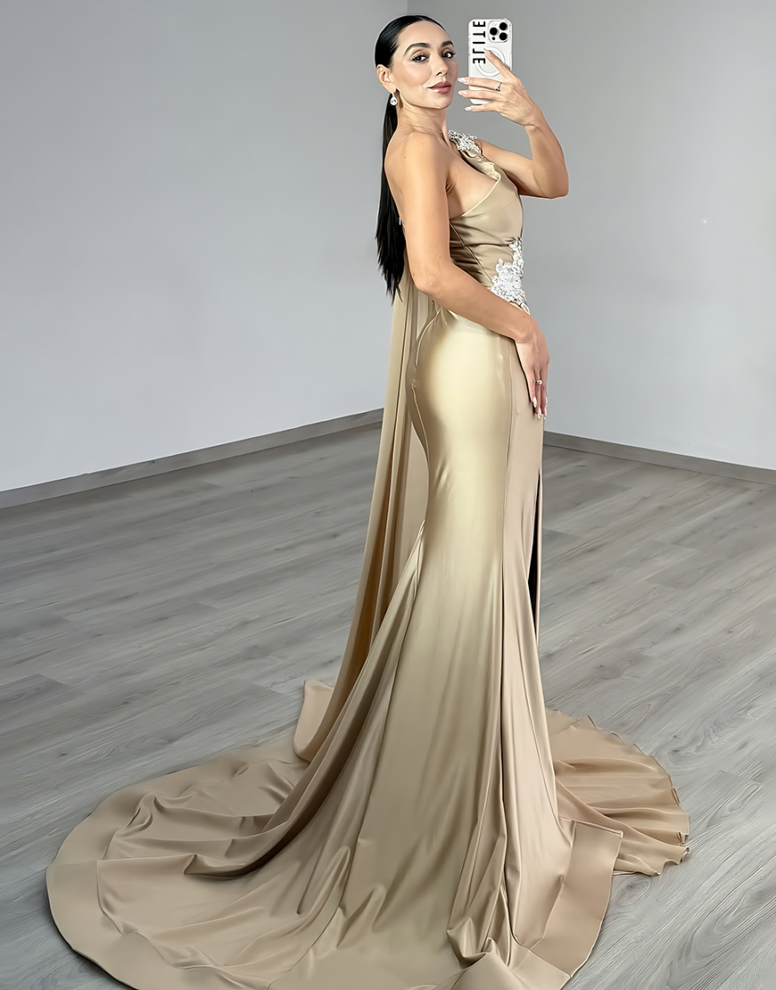 Sparkly Gold Mermaid One Shoulder Long Prom Dress with Slit