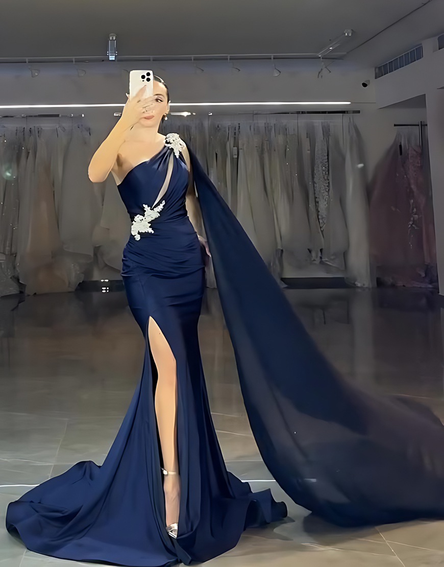 Sparkly Gold Mermaid One Shoulder Long Prom Dress with Slit