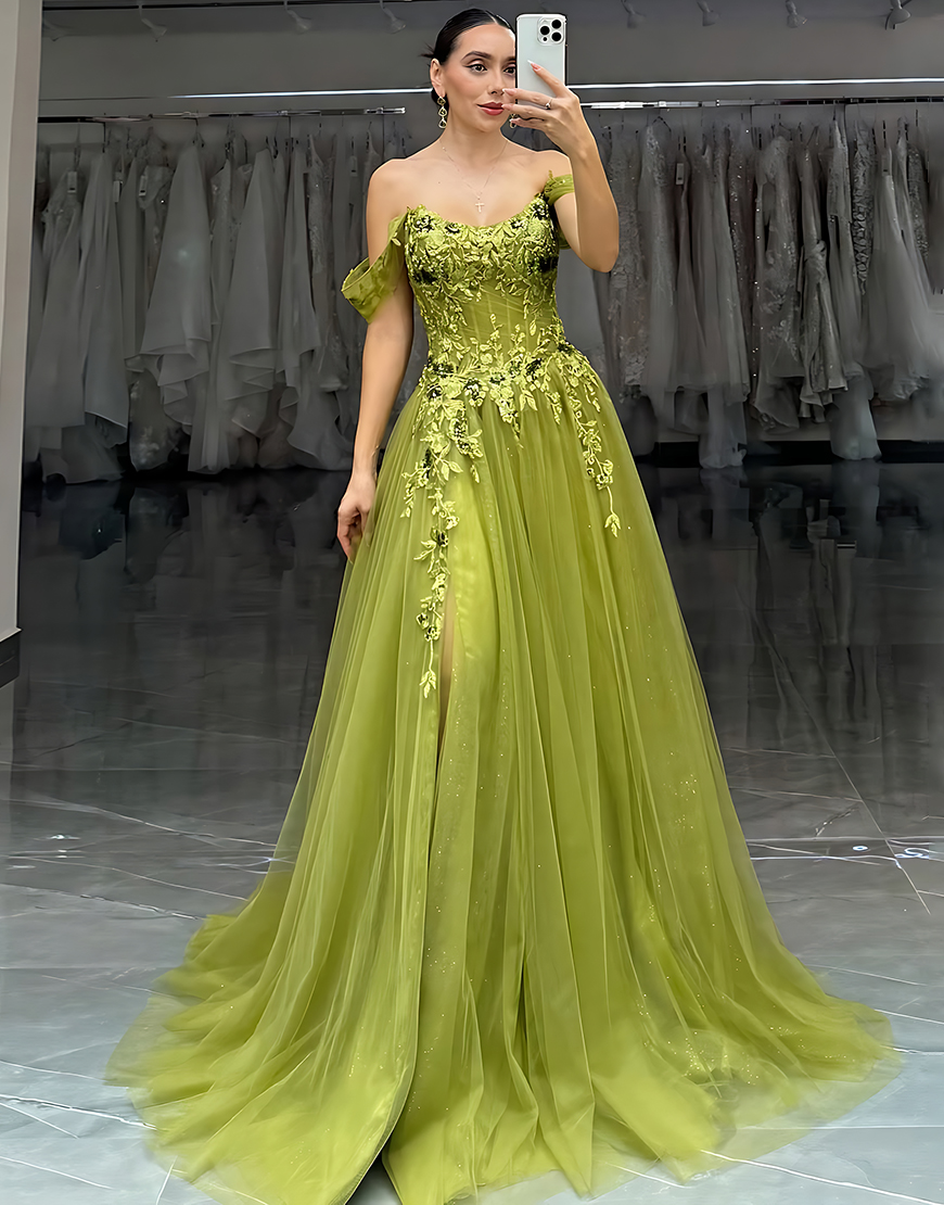 Green A-Line Off The Shoulder Long Corset Prom Dress with Lace