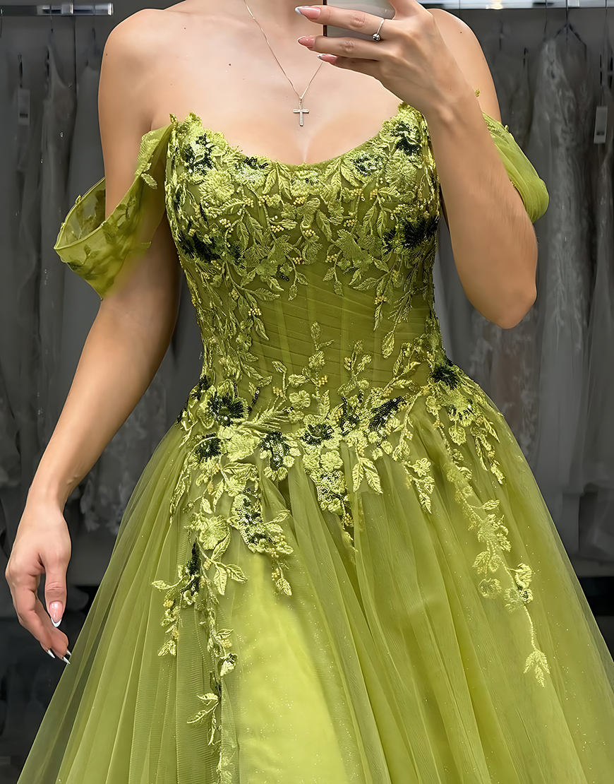 Green A-Line Off The Shoulder Long Corset Prom Dress with Lace
