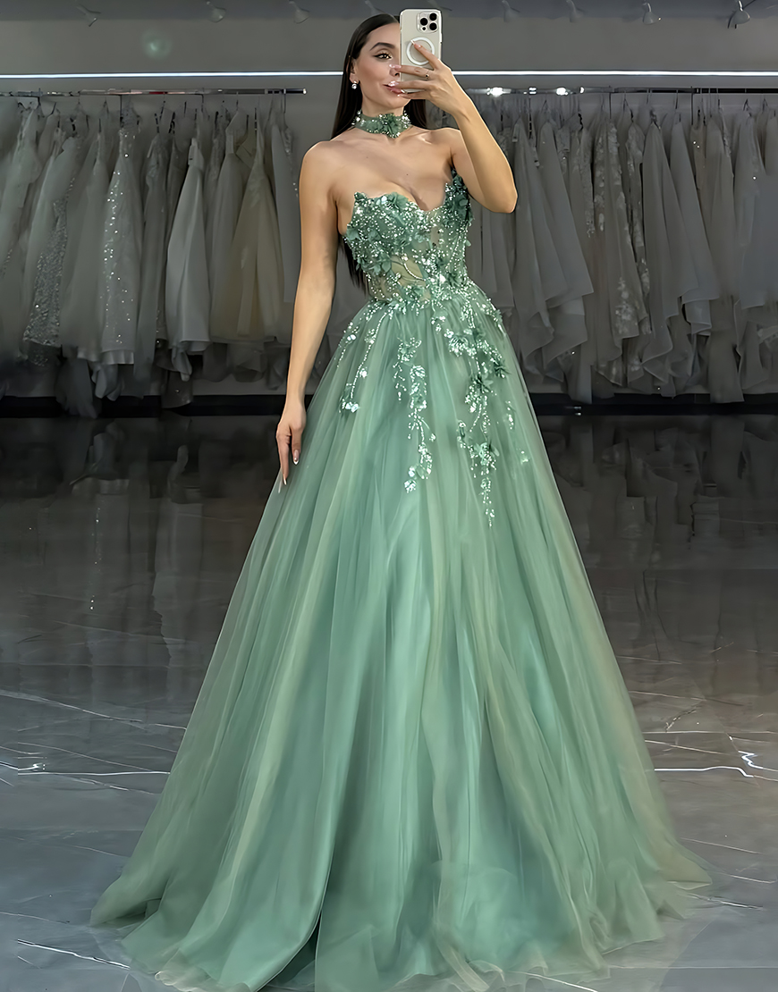 Berlinnova Women Sparkly Green Tulle Corset Long Prom Dress with Beading Floral Sweetheart A Line Formal Dress