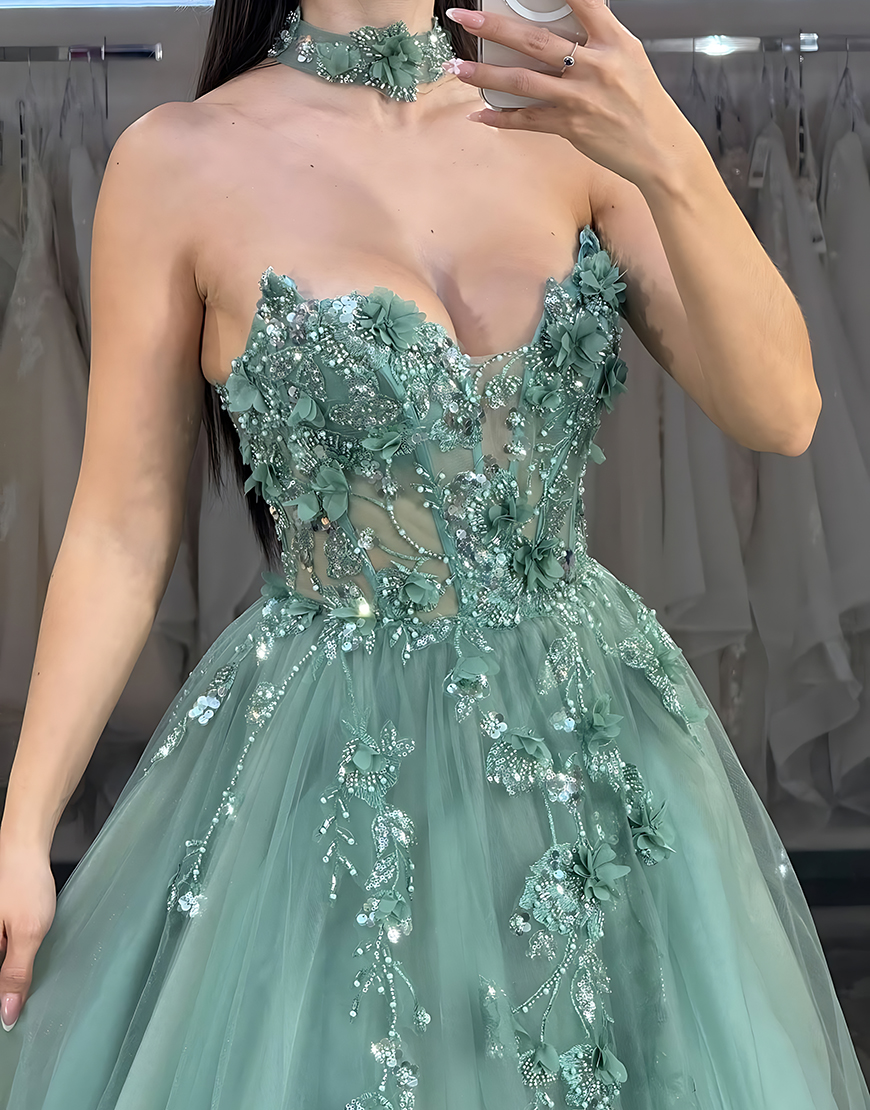 Sparkly Green Floral A-Line Sweetheart Beaded Long Corset Prom Dress