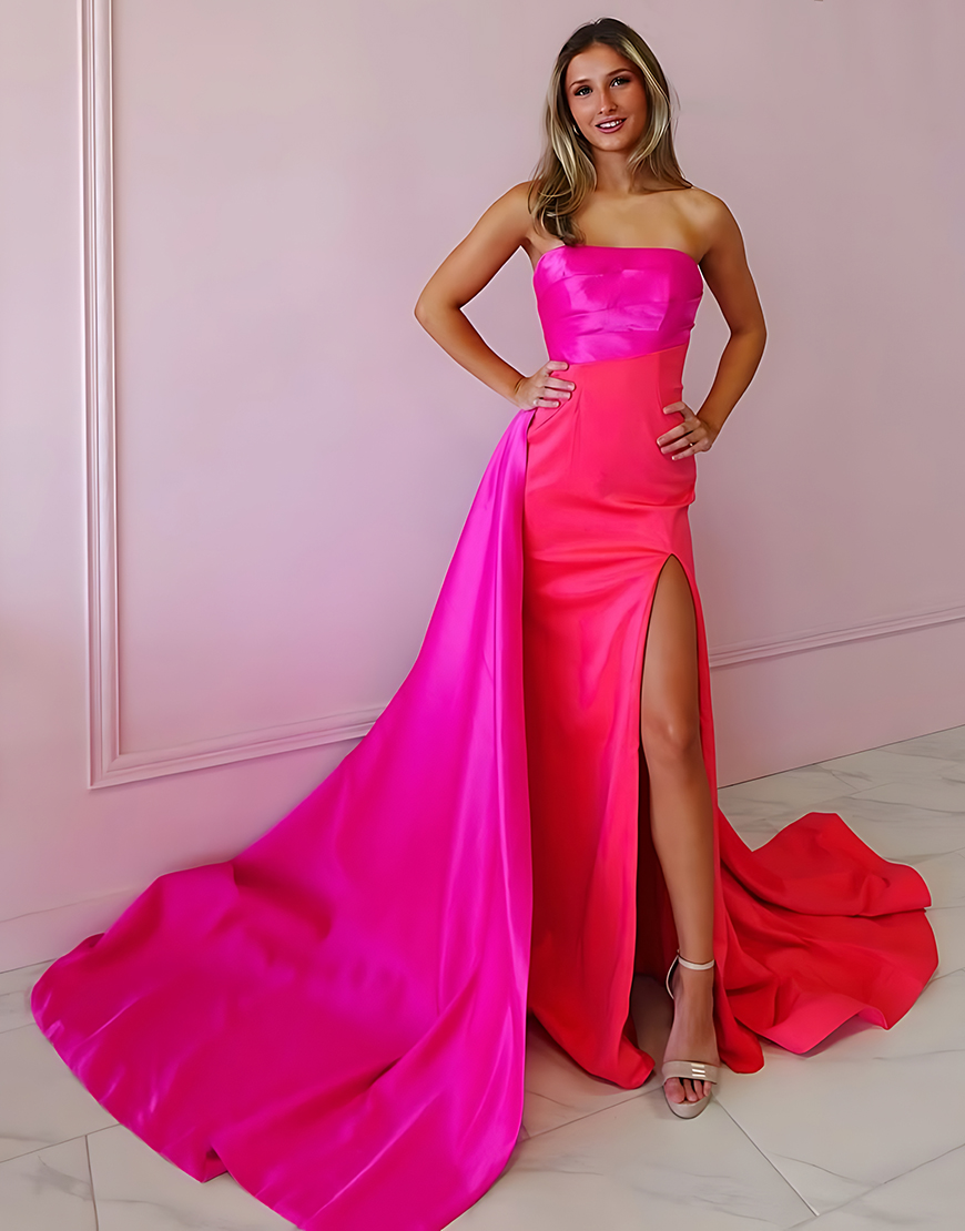 Fuchsia Sheath Satin Strapless Long Prom Dress with Cape