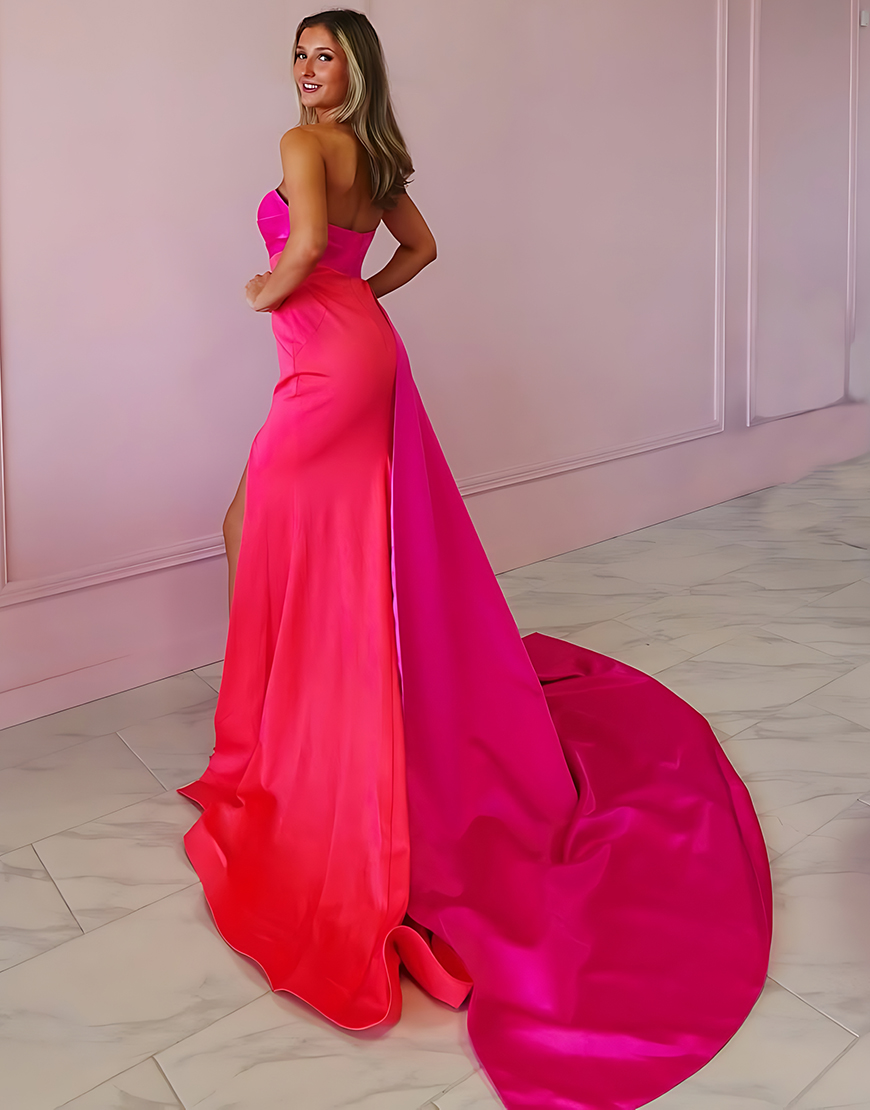 Fuchsia Sheath Satin Strapless Long Prom Dress with Cape