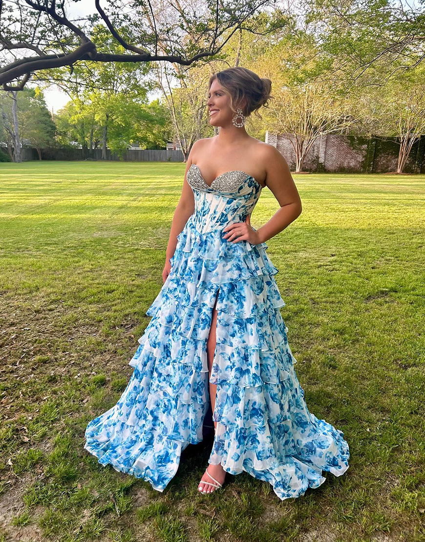 Sparkly Fuchsia Floral Sweetheart Tiered Long Corset Prom Dress with Slit