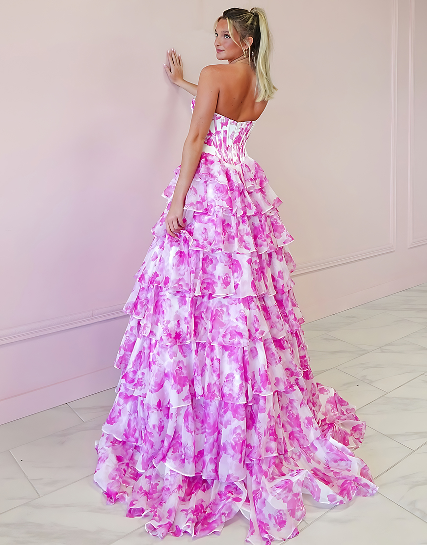 Sparkly Fuchsia Floral Sweetheart Tiered Long Corset Prom Dress with Slit