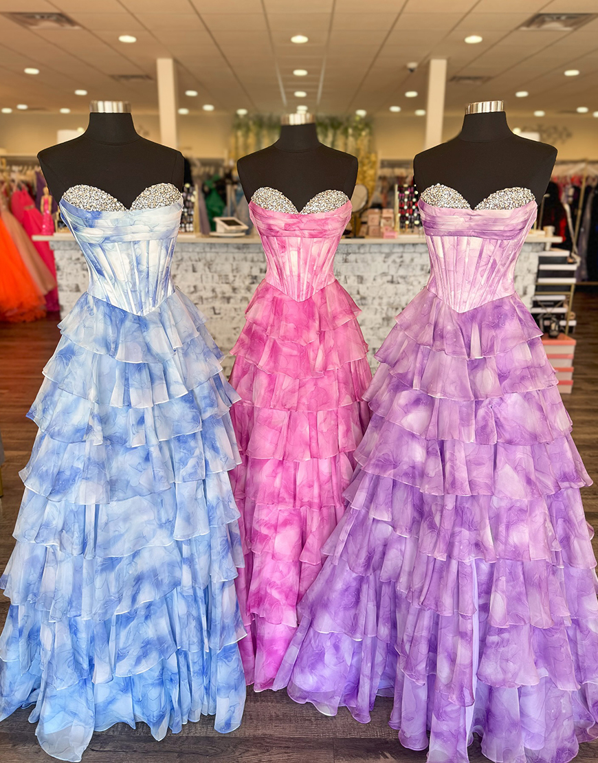 Sparkly Blue Flower Sweetheart Ruffled Long Corset Prom Dress with Beading