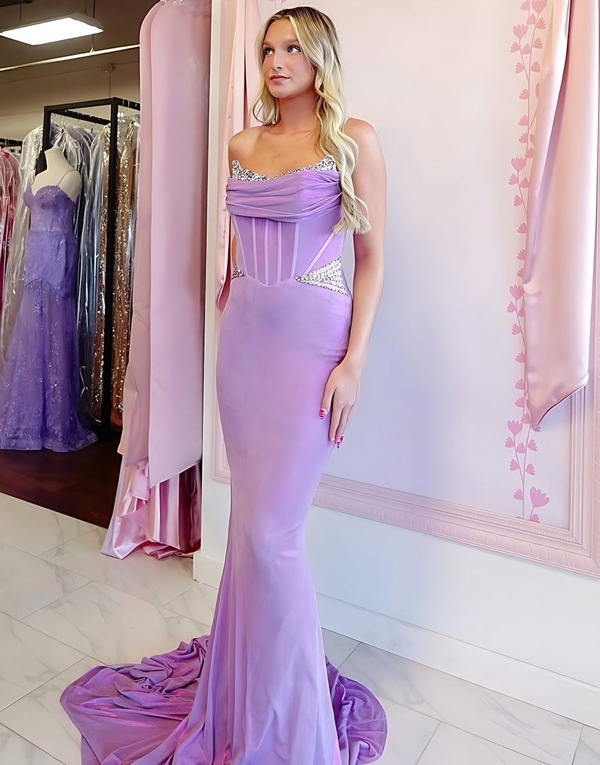 Sparkly Purple Corset Strapless Mermaid Satin Long Prom Dress