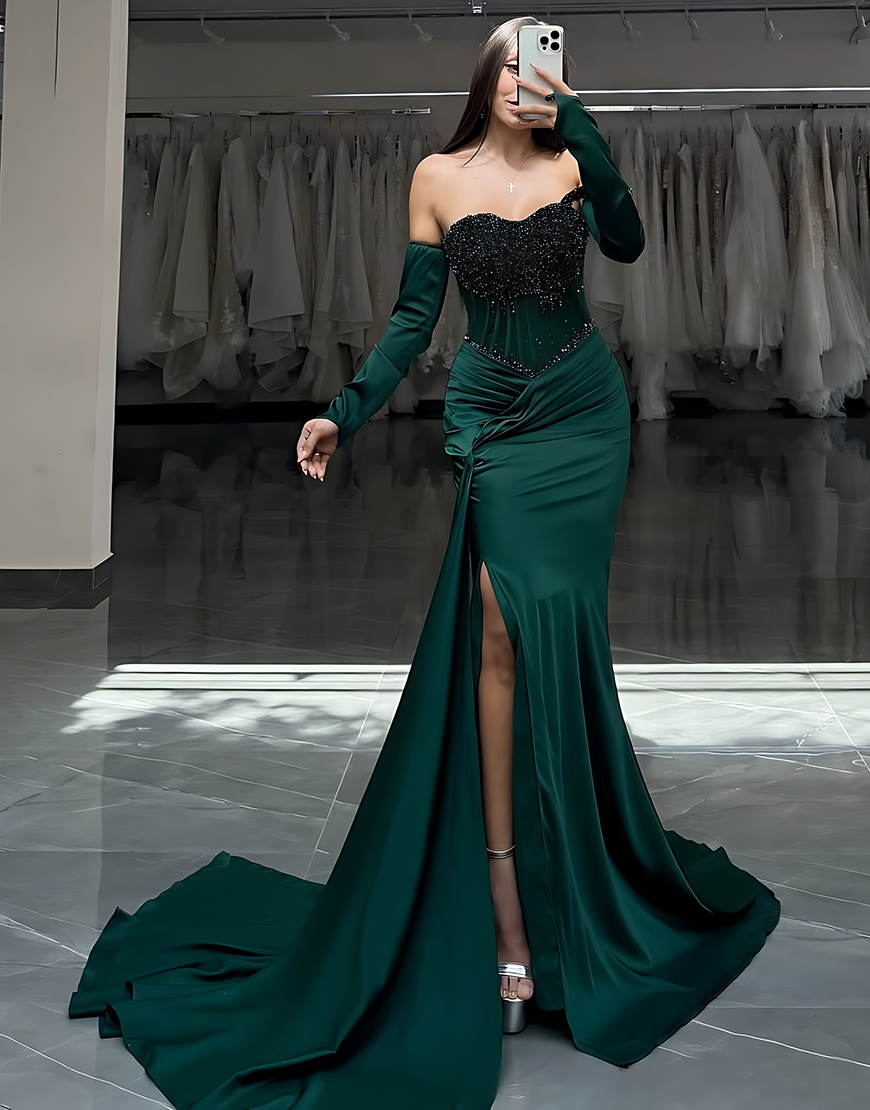 Sparkly Dark Green Mermaid One Shoulder Beaded Long Prom Dress with Slit