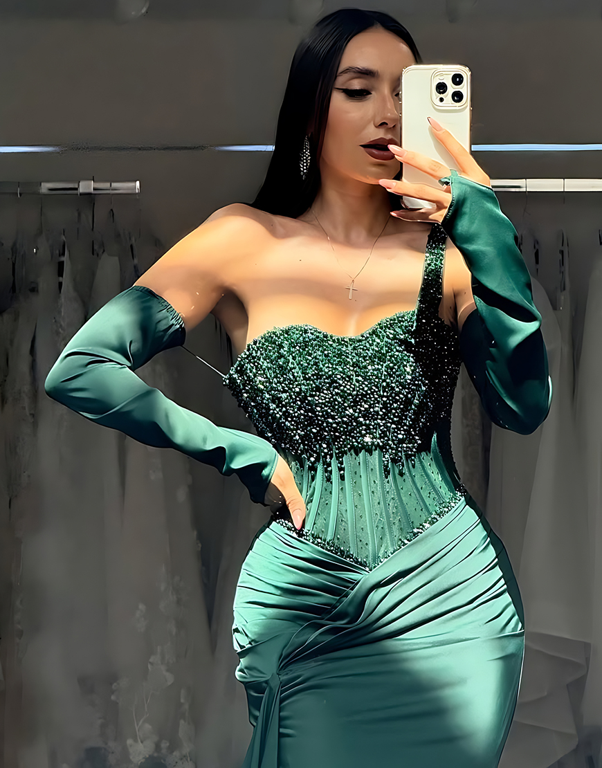 Sparkly Dark Green Mermaid One Shoulder Beaded Long Prom Dress with Slit