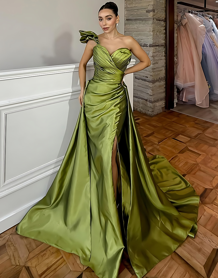 Green Mermaid One Shoulder Long Satin Prom Dress with Slit