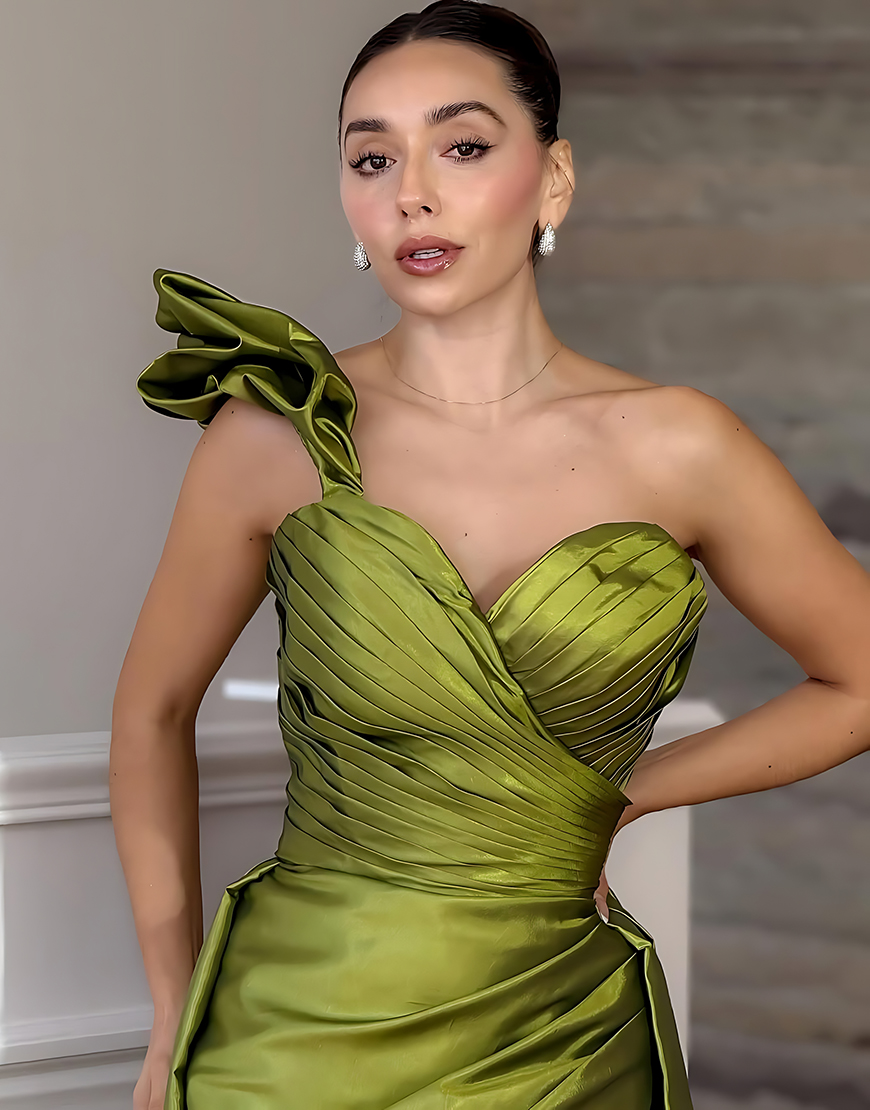Green Mermaid One Shoulder Long Satin Prom Dress with Slit