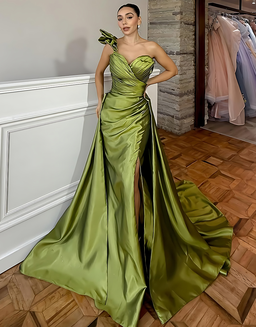 Green Mermaid One Shoulder Long Satin Prom Dress with Slit