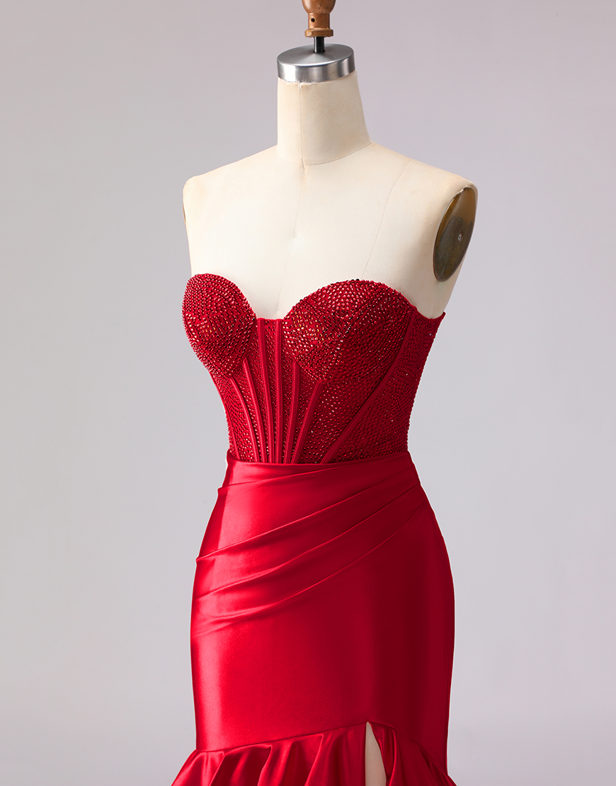 Sparkly Red Mermaid Satin Corset Ruffled Sweetheart Long Prom Dress with Slit