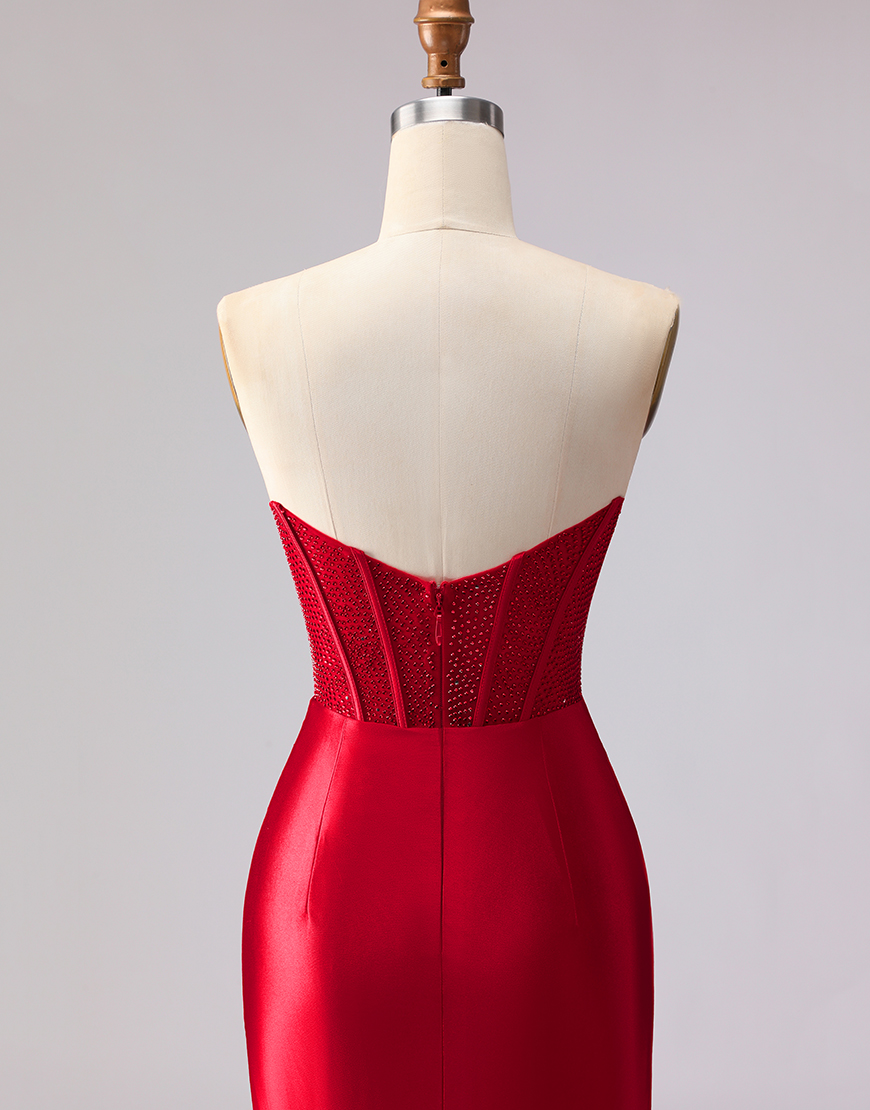 Sparkly Red Mermaid Satin Corset Ruffled Sweetheart Long Prom Dress with Slit
