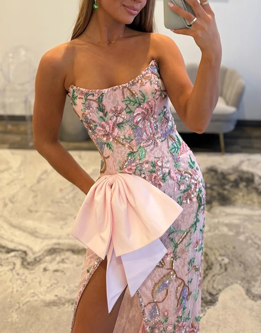 Sparkly Pink Floral Strapless Sheath Long Prom Dress with Bow