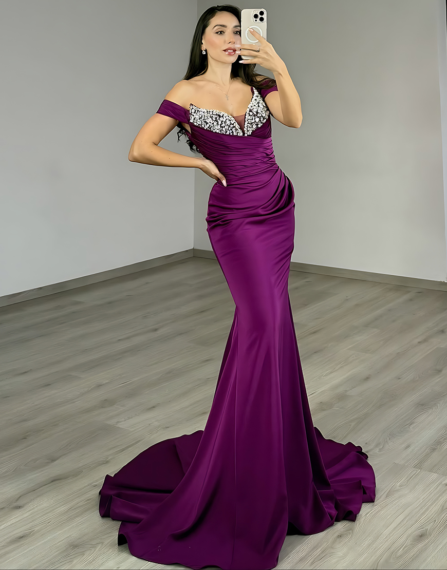 Sparkly Dark Purple Mermaid Off The Shoulder Long Prom Dress with Rhinestone