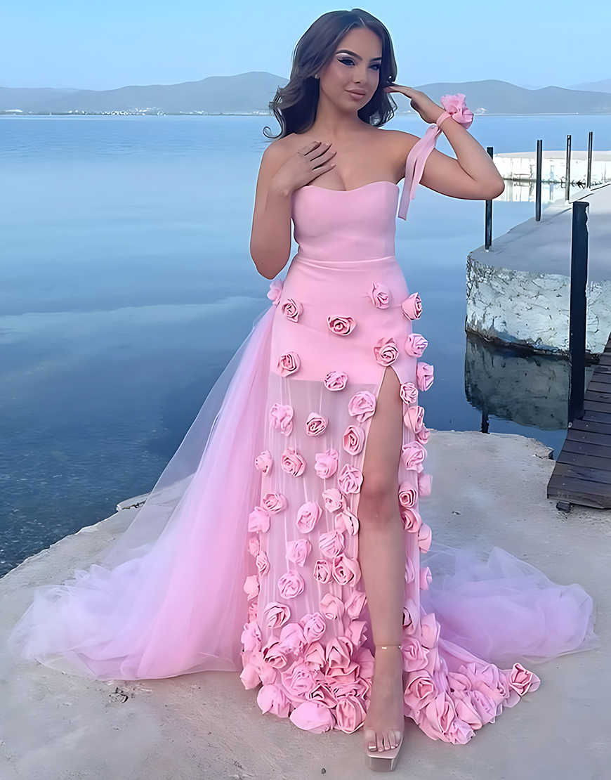 Pink Sheath Strapless Long Satin Prom Dress with 3D Flowers