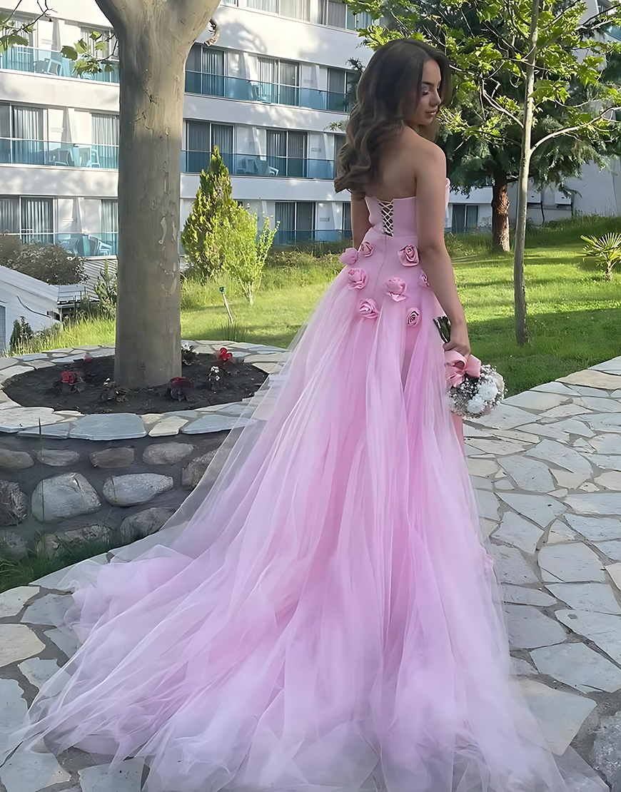 Pink Sheath Strapless Long Satin Prom Dress with 3D Flowers