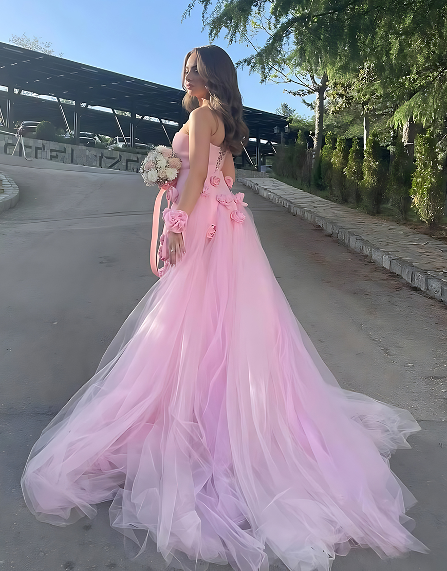 Pink Sheath Strapless Long Satin Prom Dress with 3D Flowers