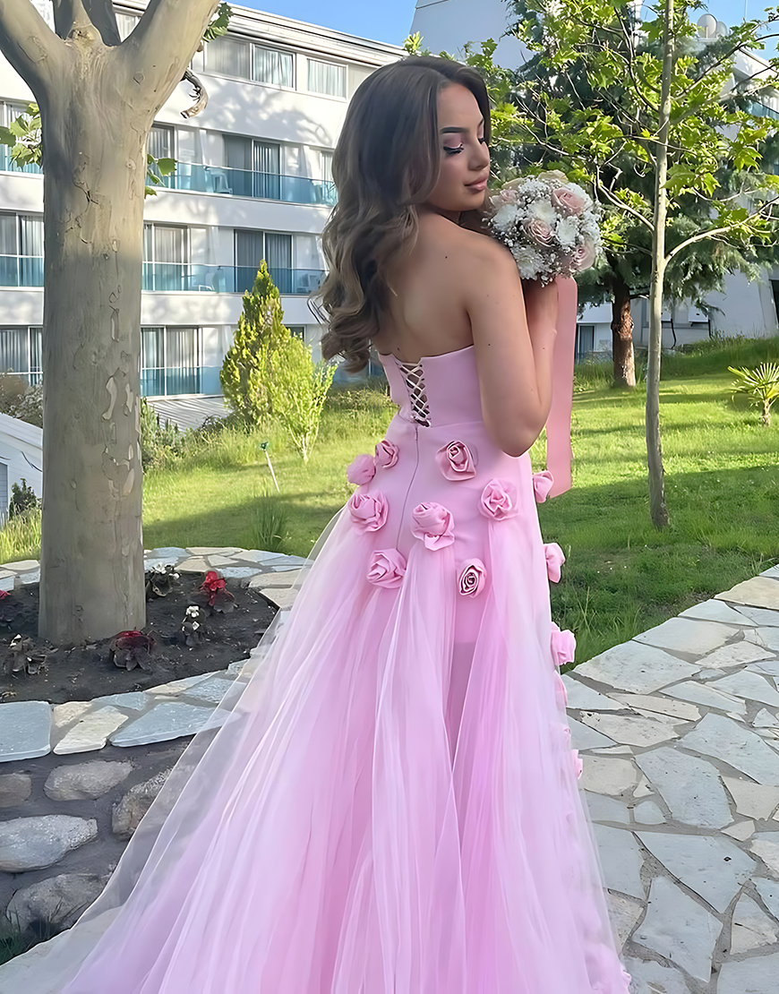 Pink Sheath Strapless Long Satin Prom Dress with 3D Flowers