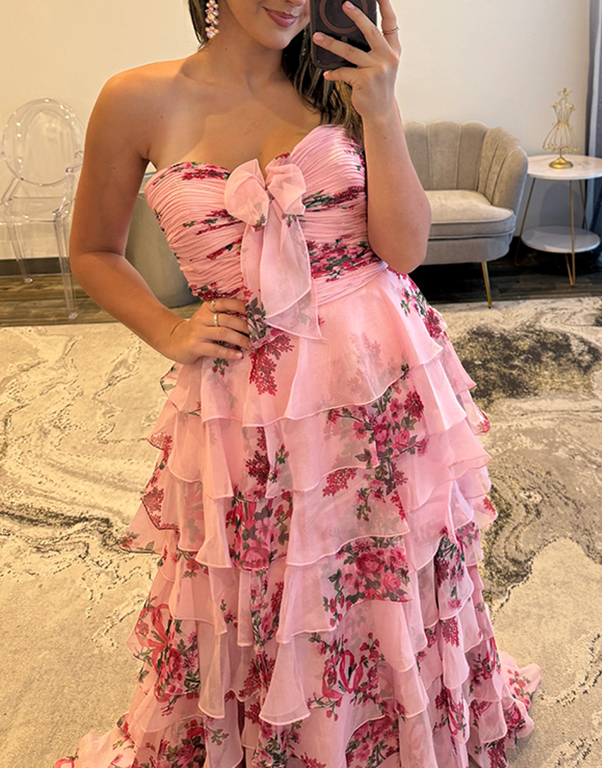 White Floral Sweetheart Ruffled Tiered Long Prom Dress with Bow