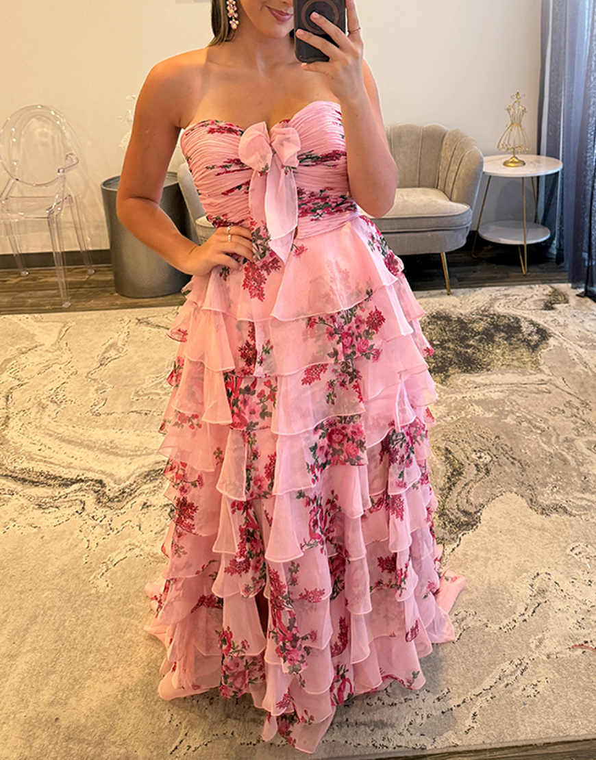 White Floral Sweetheart Ruffled Tiered Long Prom Dress with Bow