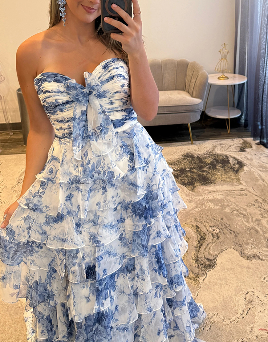 White Blue Floral Strapless A Line Ruffled Long Prom Dress with Slit
