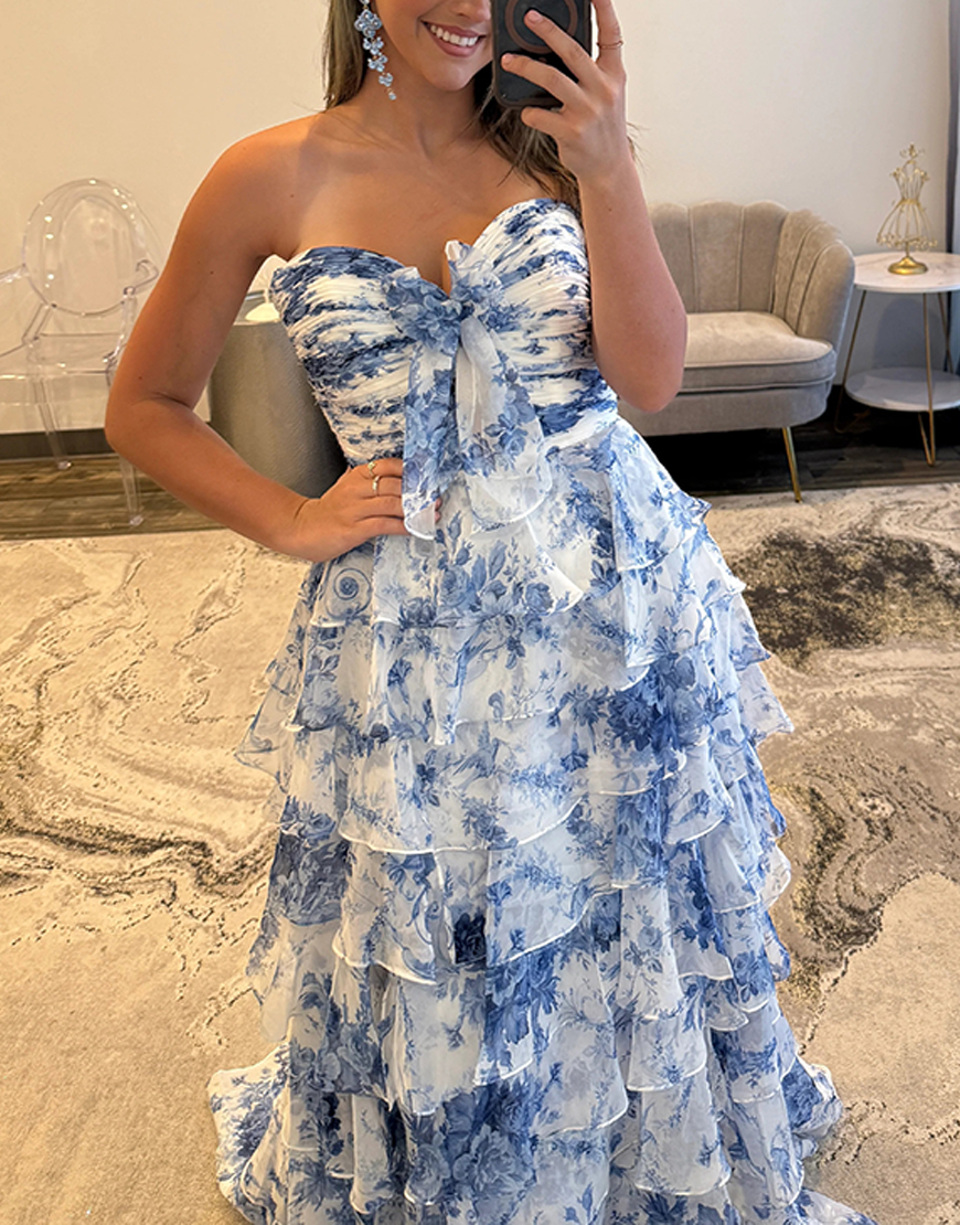 White Blue Floral Strapless A Line Ruffled Long Prom Dress with Slit